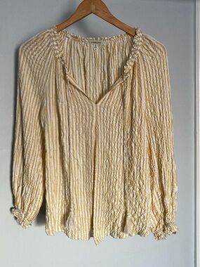 Max Studio Yellow and White Striped Crinkle Peasant Blouse